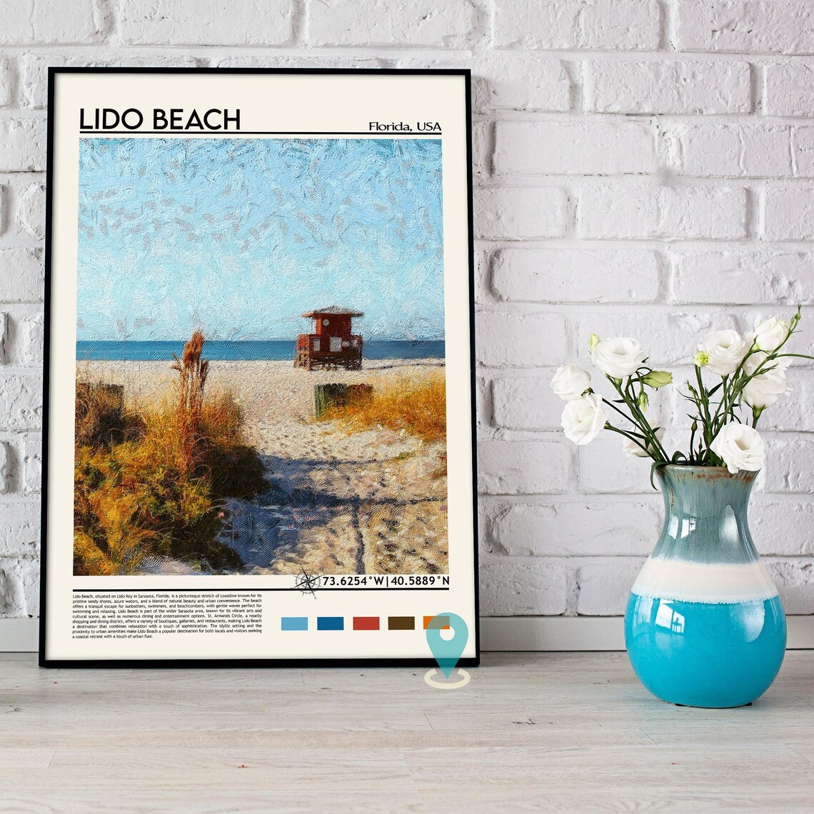 Lido Beach Florida Lifeguard Tower Beach Painting Style Travel Poster - Image 3