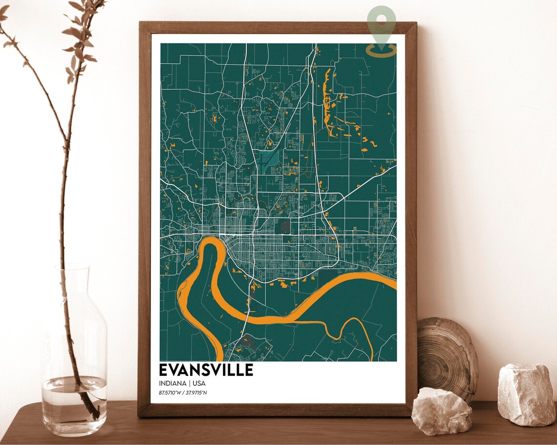 Evansville Indiana Dark Street Map Orange River City Art Poster - Image 4