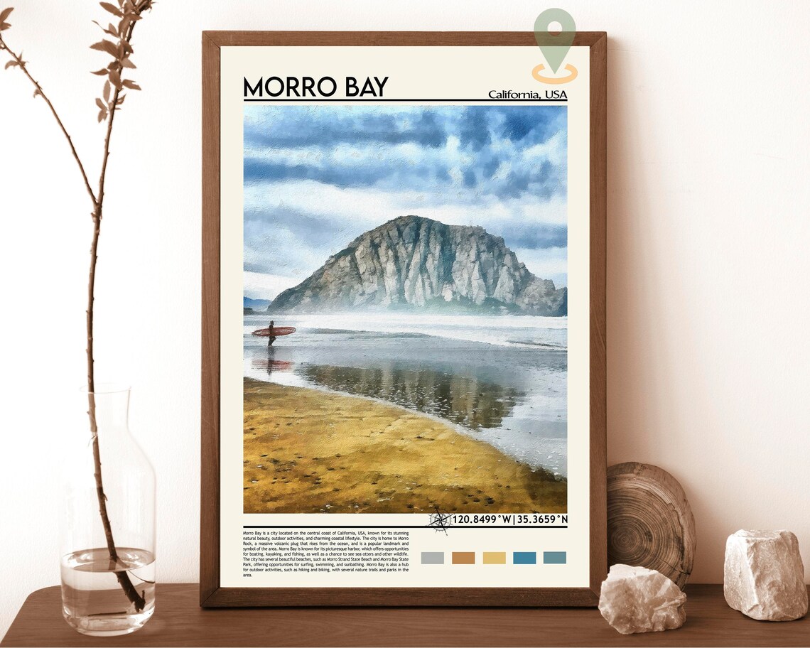 Morro Bay California Morro Rock Surf Beach Vintage Travel Poster