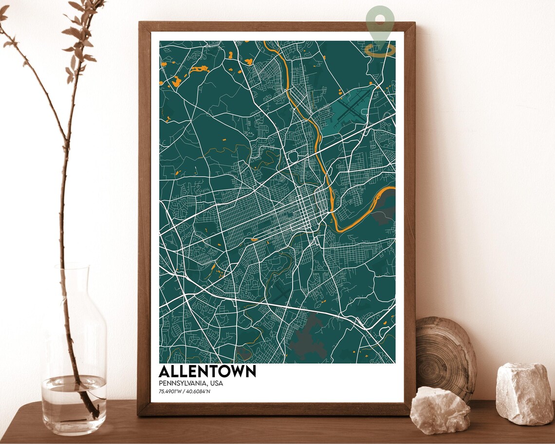 Allentown Pennsylvania blush pink with grey streets Street Map Coordinates Poster - Image 5