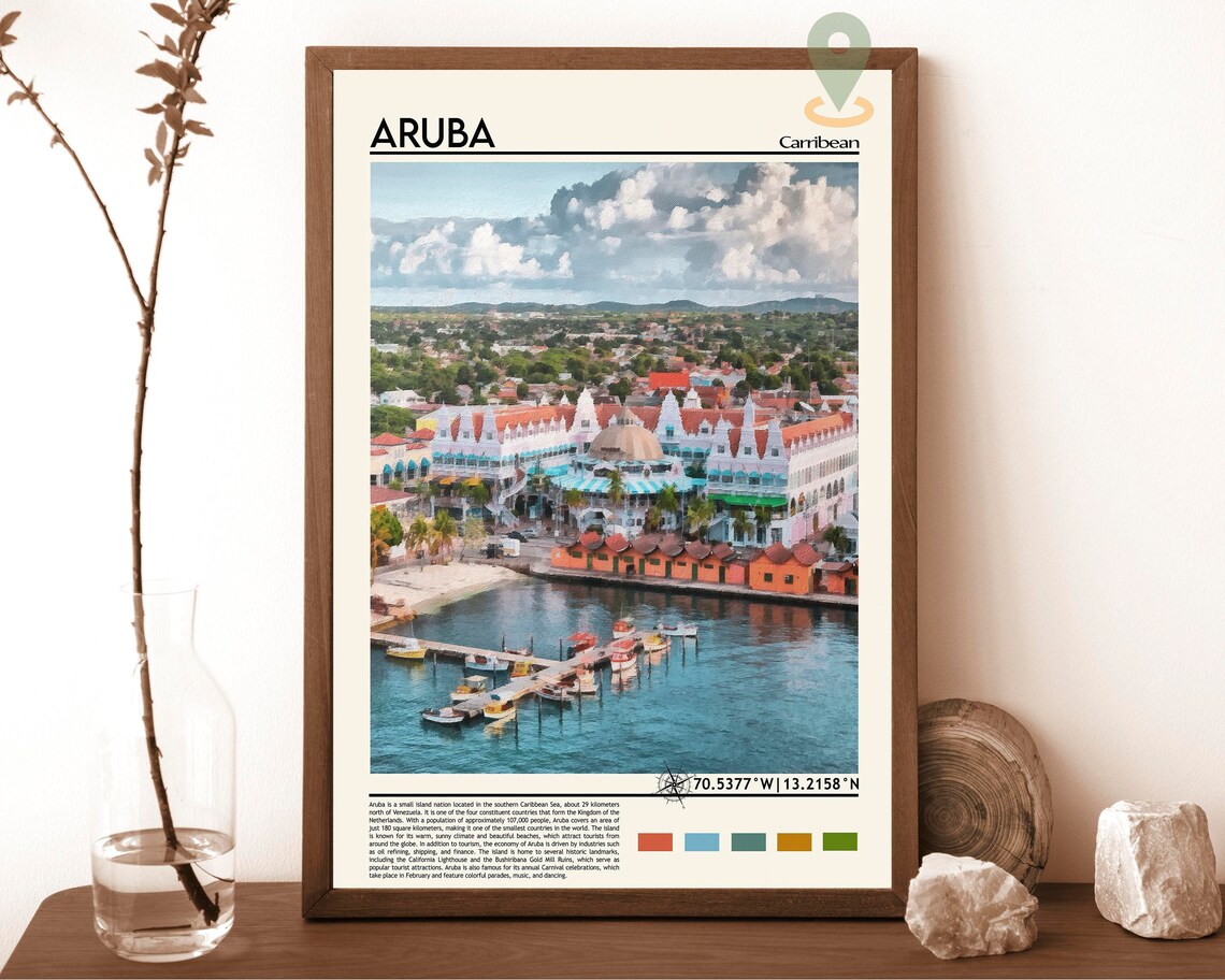 Aruba Caribbean Island Waterfront Harbor Town Travel Art Poster