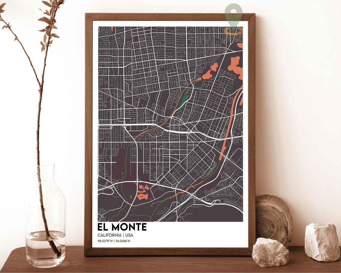 El Monte California USA Burgundy Rose Vintage City Map Poster - Image 5