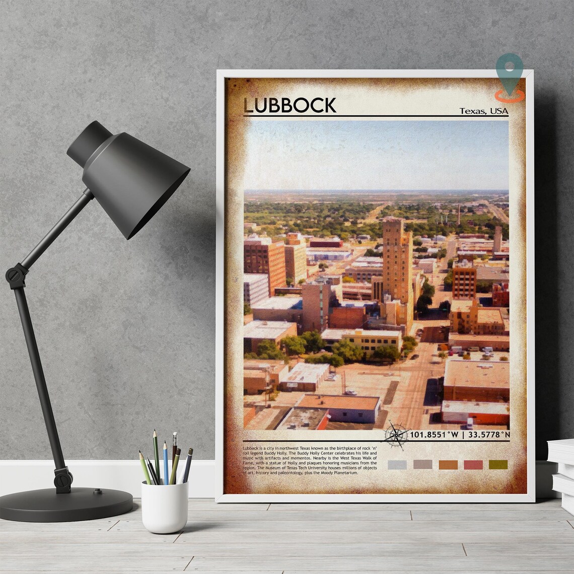 Lubbock Texas USA Downtown Aerial Skyline View Watercolor Poster - Image 4