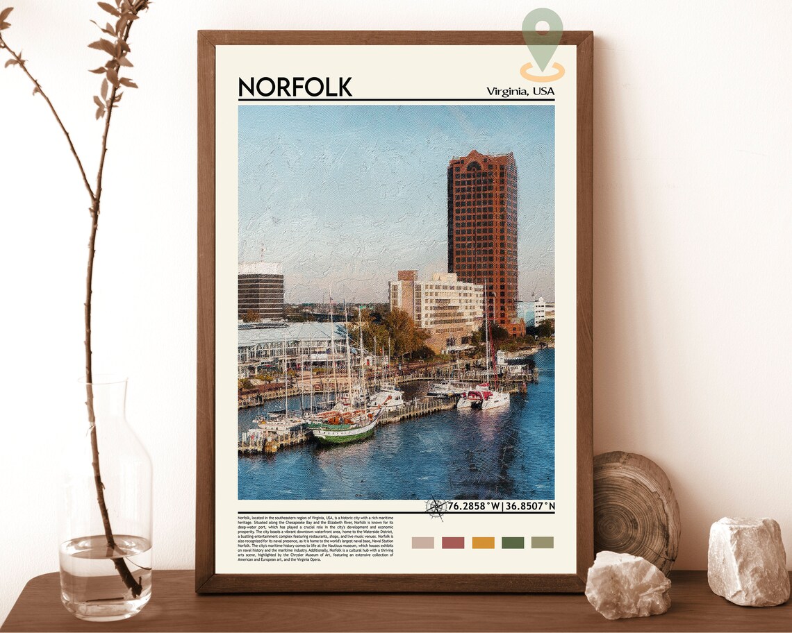 Norfolk Virginia Harbor Marina Skyline Painting Travel Poster