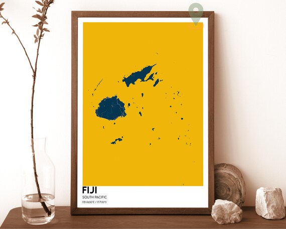 Fiji South Pacific Minimalist Island Map Art Yellow Blue Travel Poster