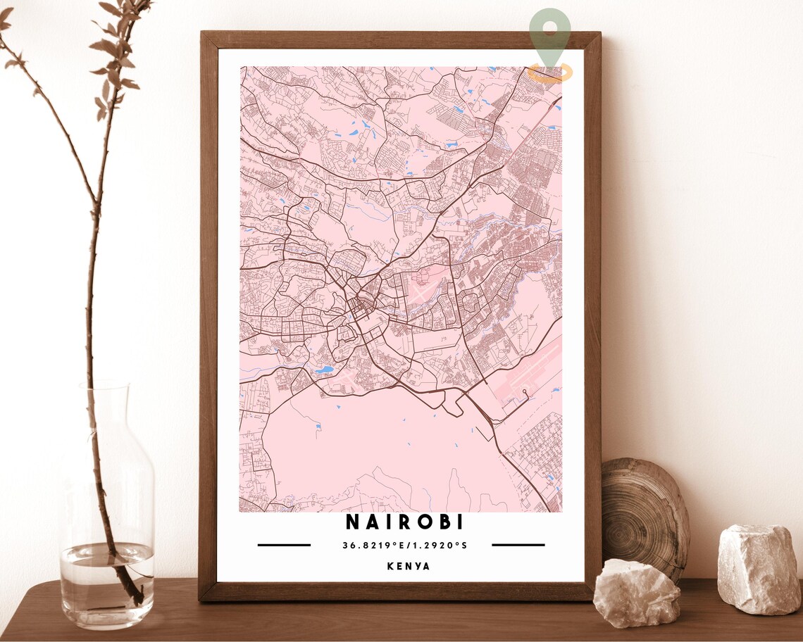 Nairobi Kenya City Street Map Pink Modern Art Print for Safari Lovers