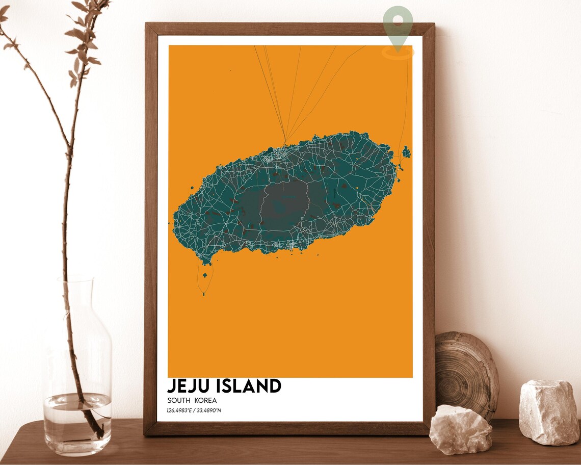 Jeju Island South Korea Teal Modern Minimalist Island Map Wall Art - Image 3