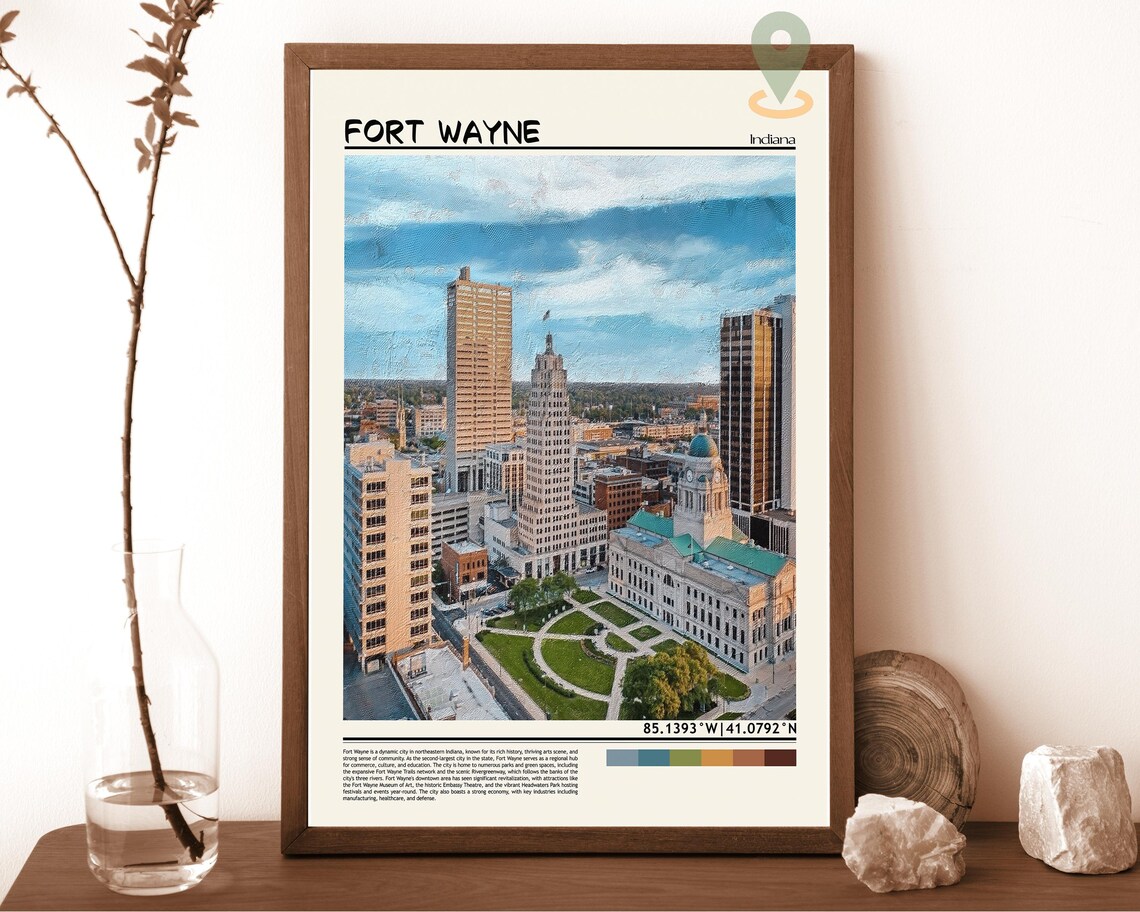 Fort Wayne Indiana Downtown Skyline Courthouse City Travel Poster