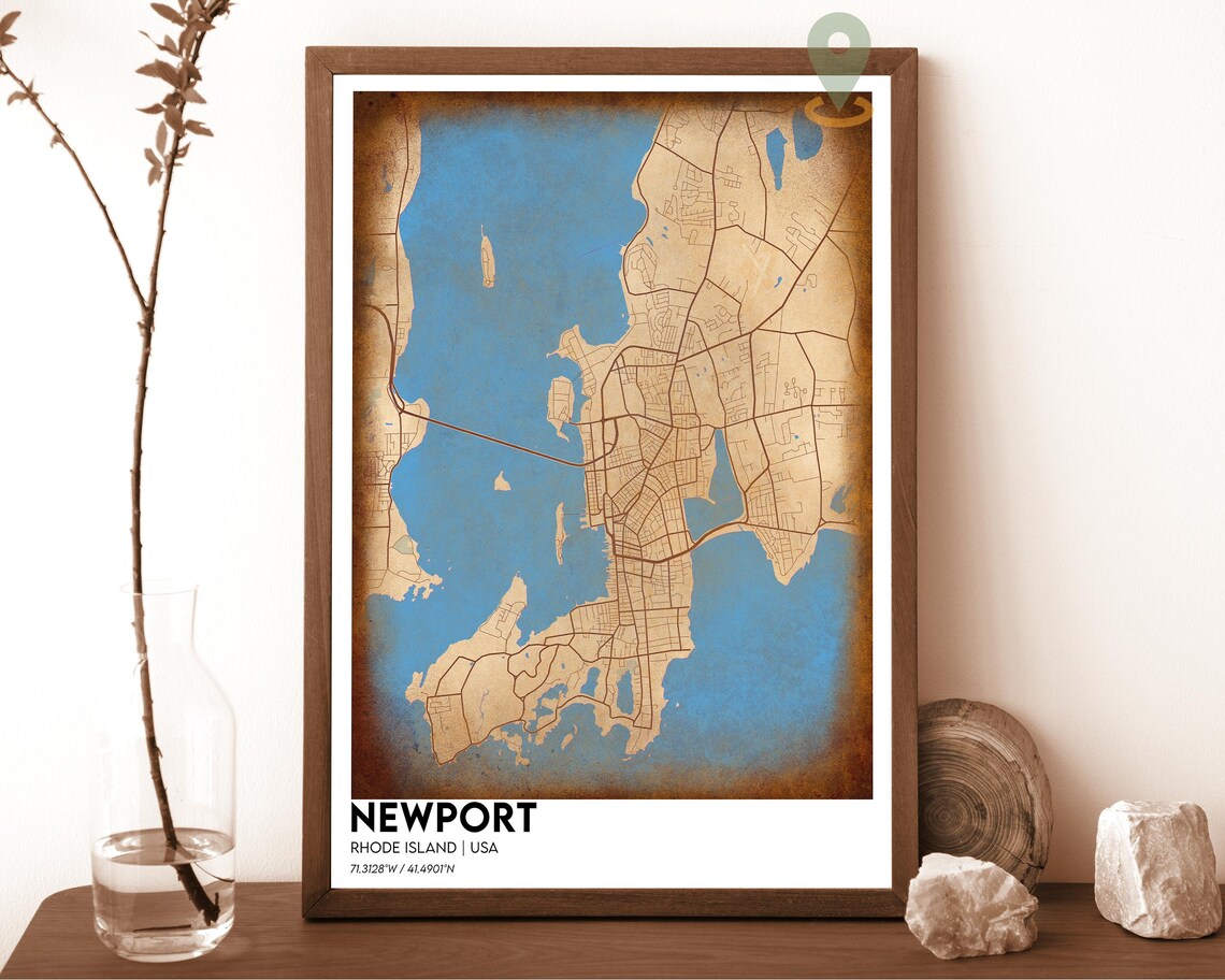 Newport Rhode Island USA Navy Gold Coastal Harbor Map Poster - Image 3