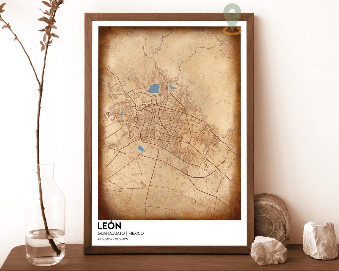 Leon Guanajuato Mexico Deep Red Bold City Map Framed Decor Poster - Image 5