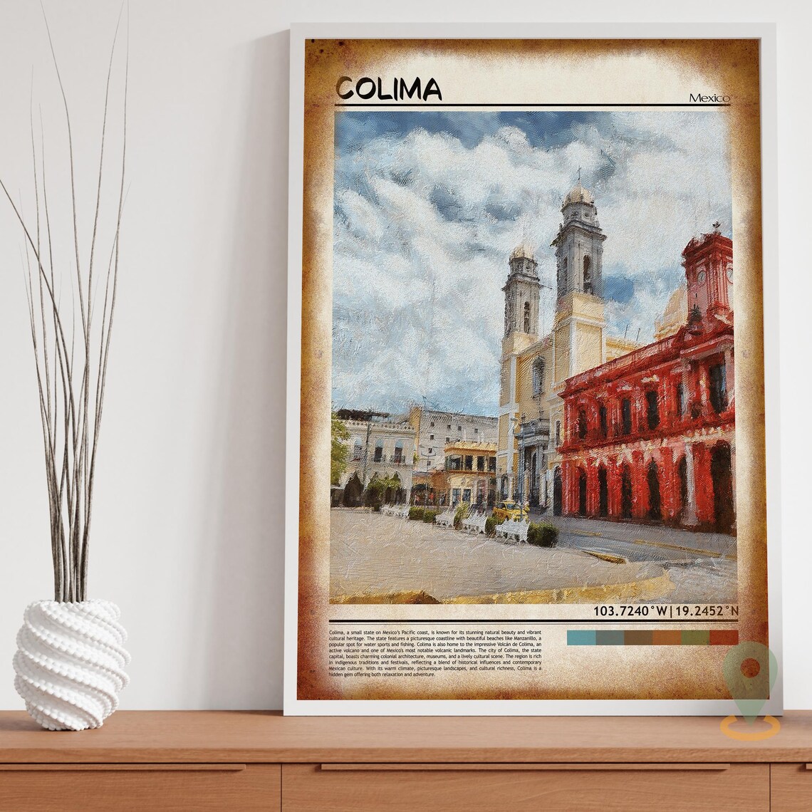 Colima Mexico Cathedral Colonial Plaza Painted Travel Poster - Image 3