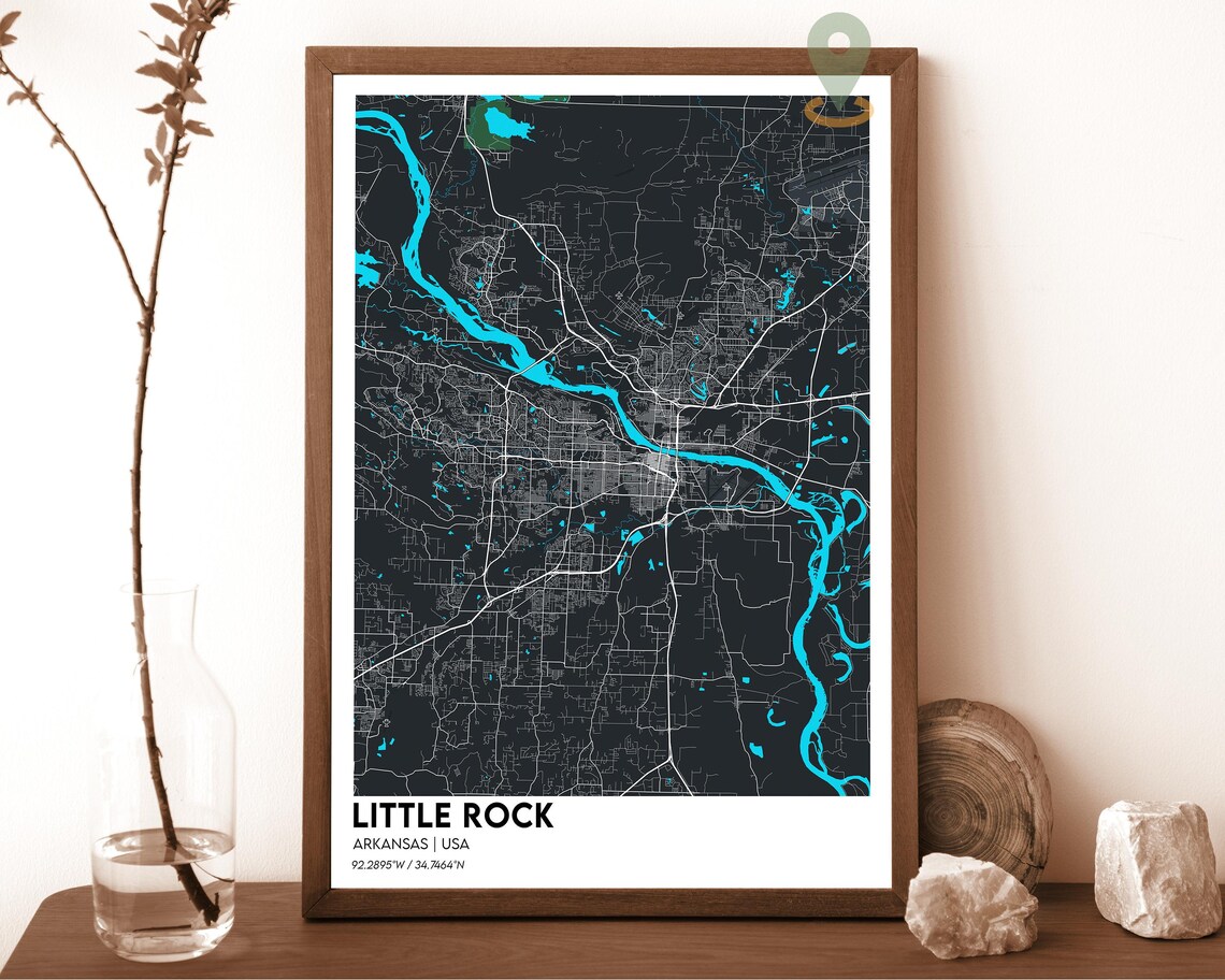 Little Rock Arkansas City Street Map With Teal River Minimalist Poster - Image 5