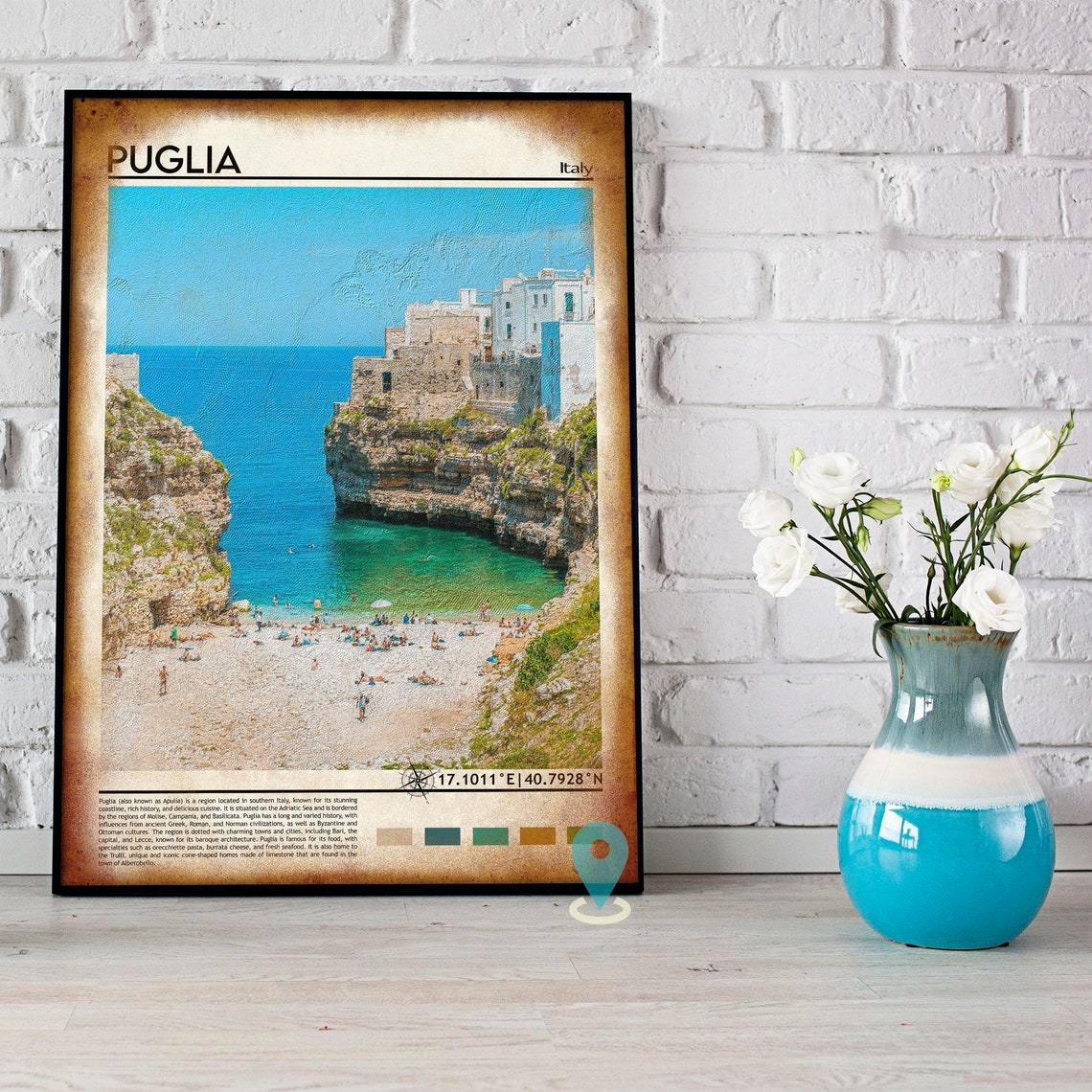 Puglia Italy Turquoise Cove Cliffside Beach Whitewashed Town Poster - Image 4