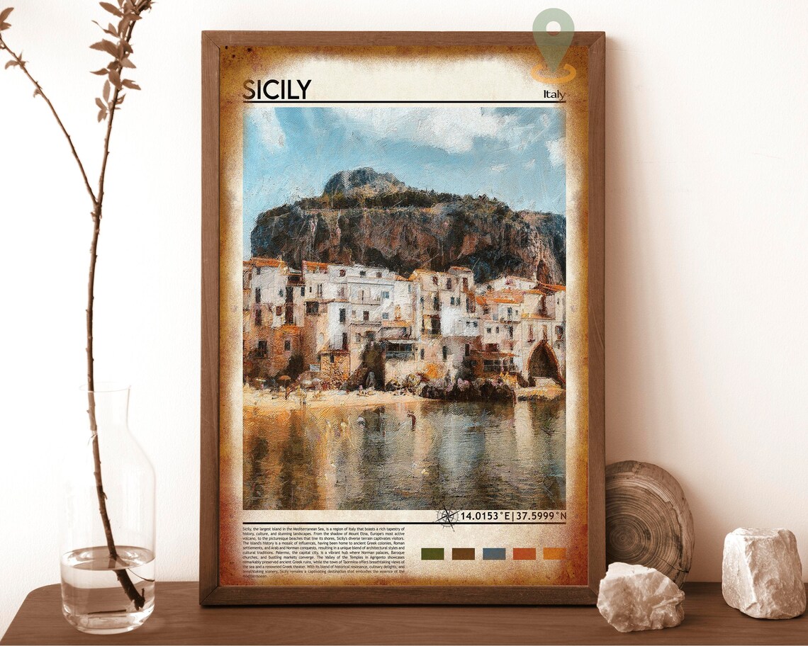 Sicily Italy Charming Seaside Village Rocky Cliff Painterly Poster - Image 6