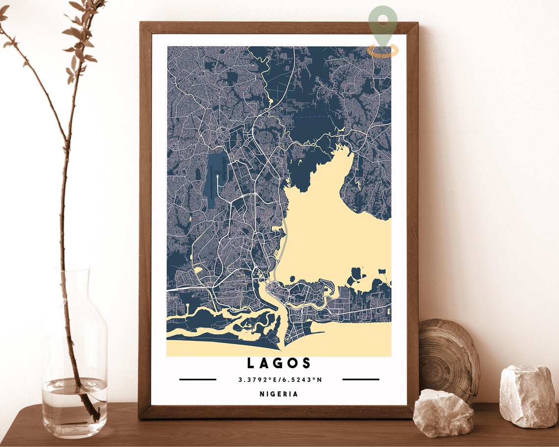 Lagos Nigeria charcoal with bold orange water Street Map Coordinates Poster - Image 2