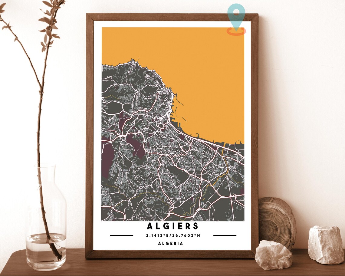 Algiers Algeria navy with a pale cream coast Street Map Coordinates Poster - Image 4