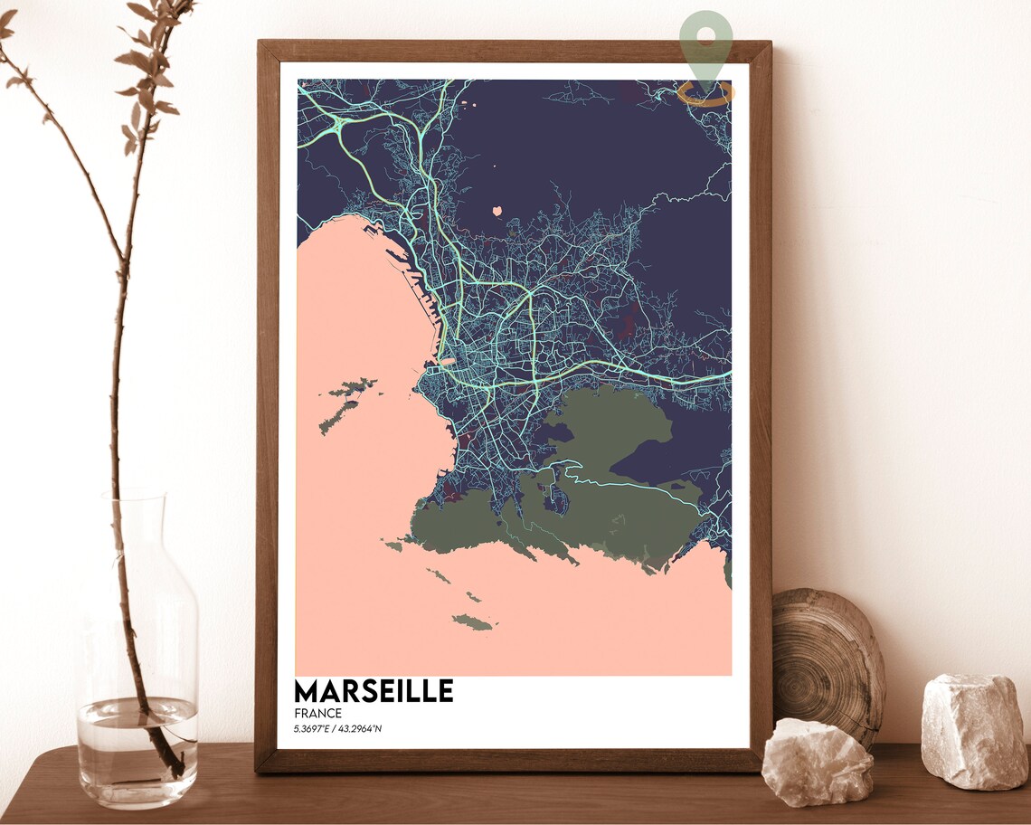 Marseille France Pink Navy Coastal City Street Map Art Poster