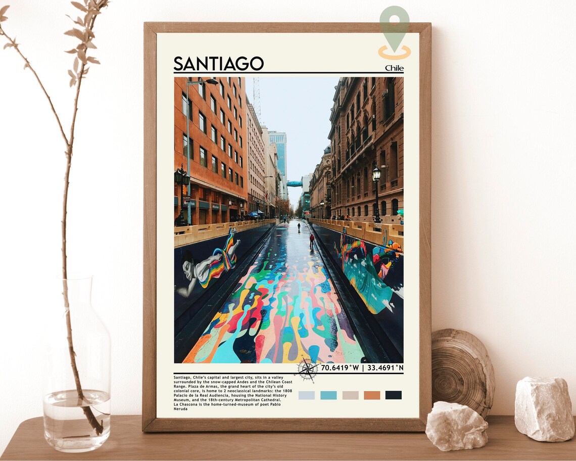 Santiago Chile Colorful Downtown Street Art Boulevard Travel Poster