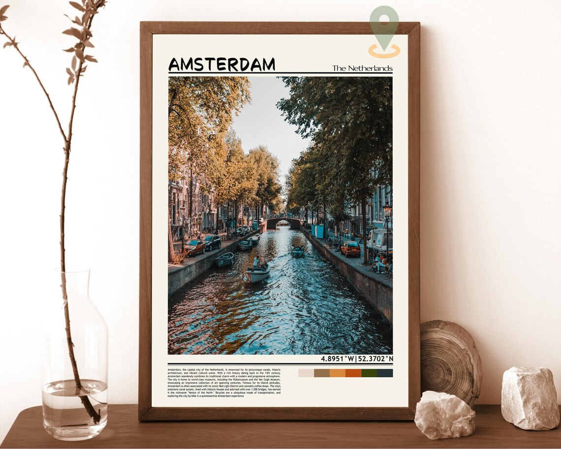 Amsterdam Netherlands Golden Canal Boats Cityscape Travel Poster