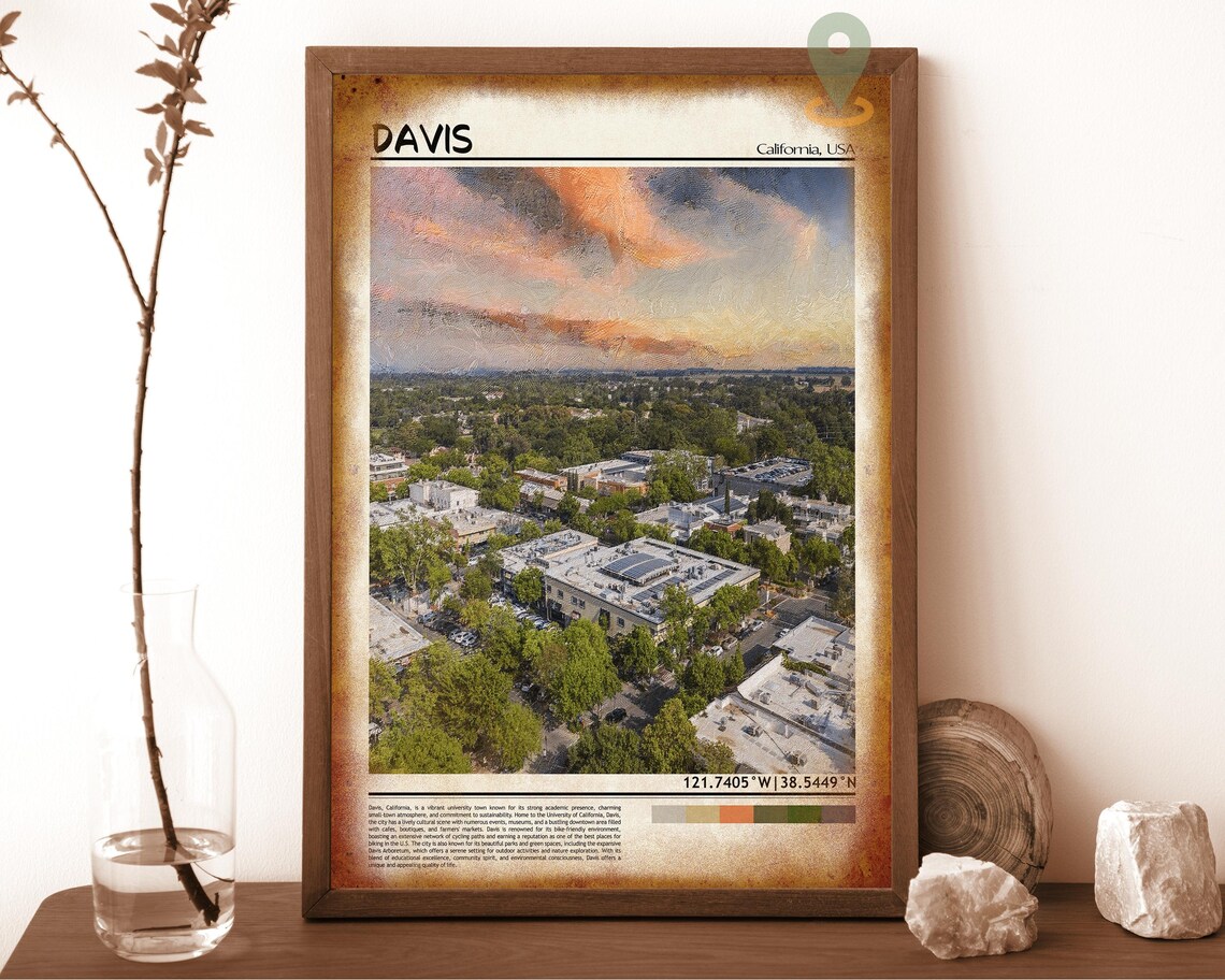 Davis California University Town Aerial Sunset Panorama Travel Print - Image 6