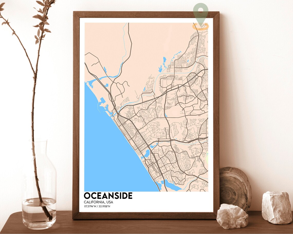 Oceanside California Dark Street Map Cyan Ocean Surf Art Poster - Image 4