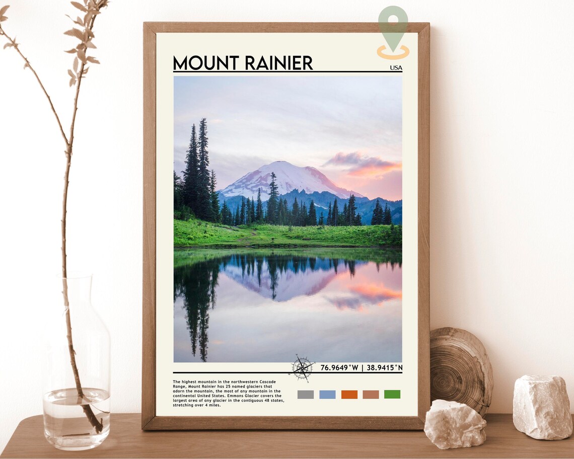 Mount Rainier USA Snow Peak Lake Reflection Wildflower Travel Poster