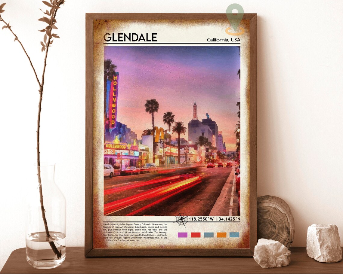 Glendale California Sunset Neon Street Watercolor City Poster - Image 6
