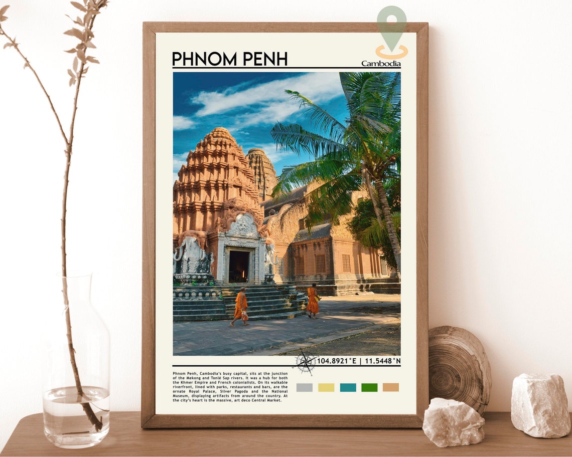 Phnom Penh Cambodia Temple Palm Trees Monks Heritage Travel Poster