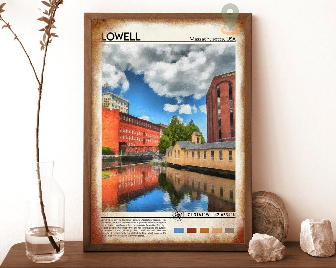 Lowell Massachusetts Historic Mill Town City Skyline Travel Print - Image 6