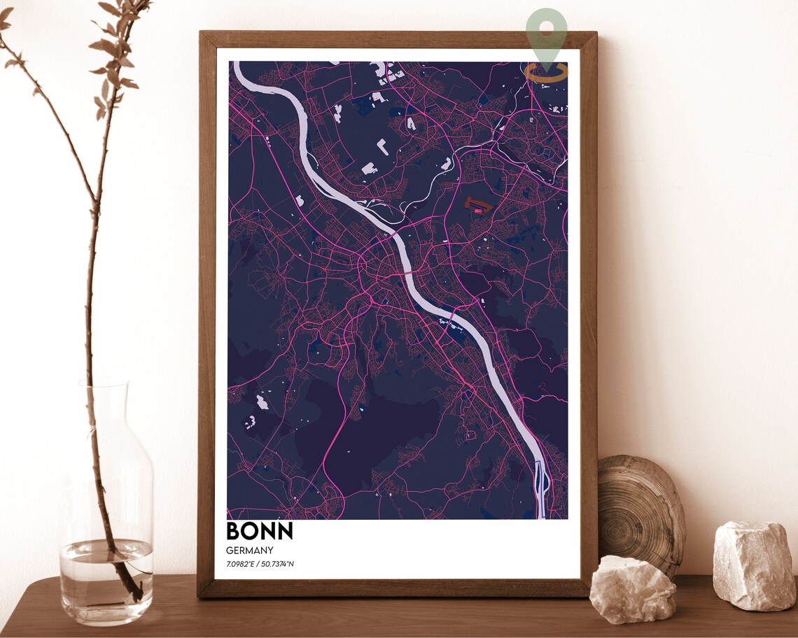 Bonn Germany Dark City Map With Orange River Street Art Poster - Image 6