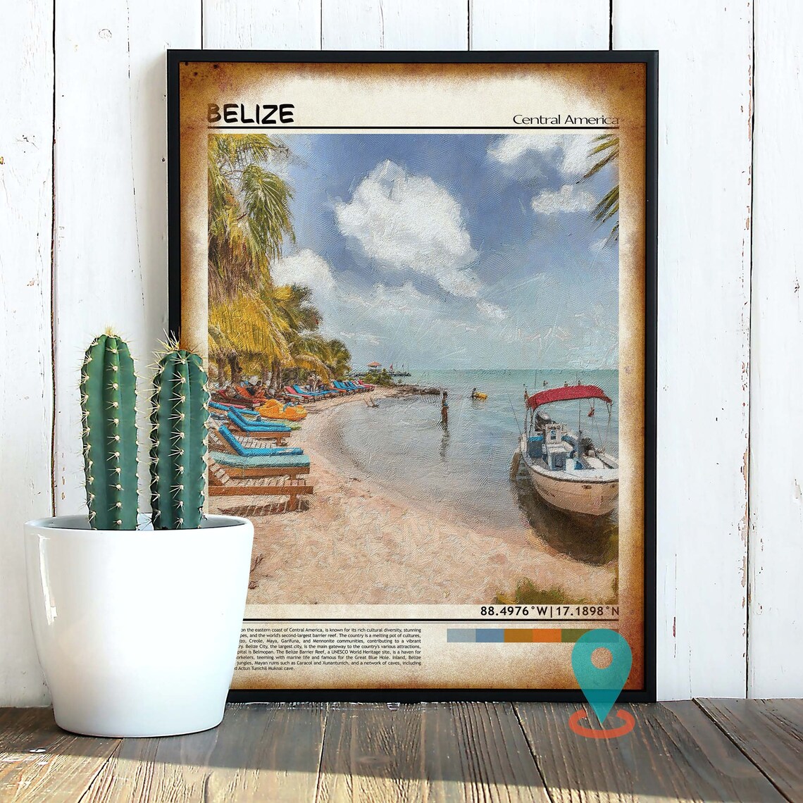 Belize Caribbean Sandy Beach Boats Loungers Relax Photo Poster - Image 2