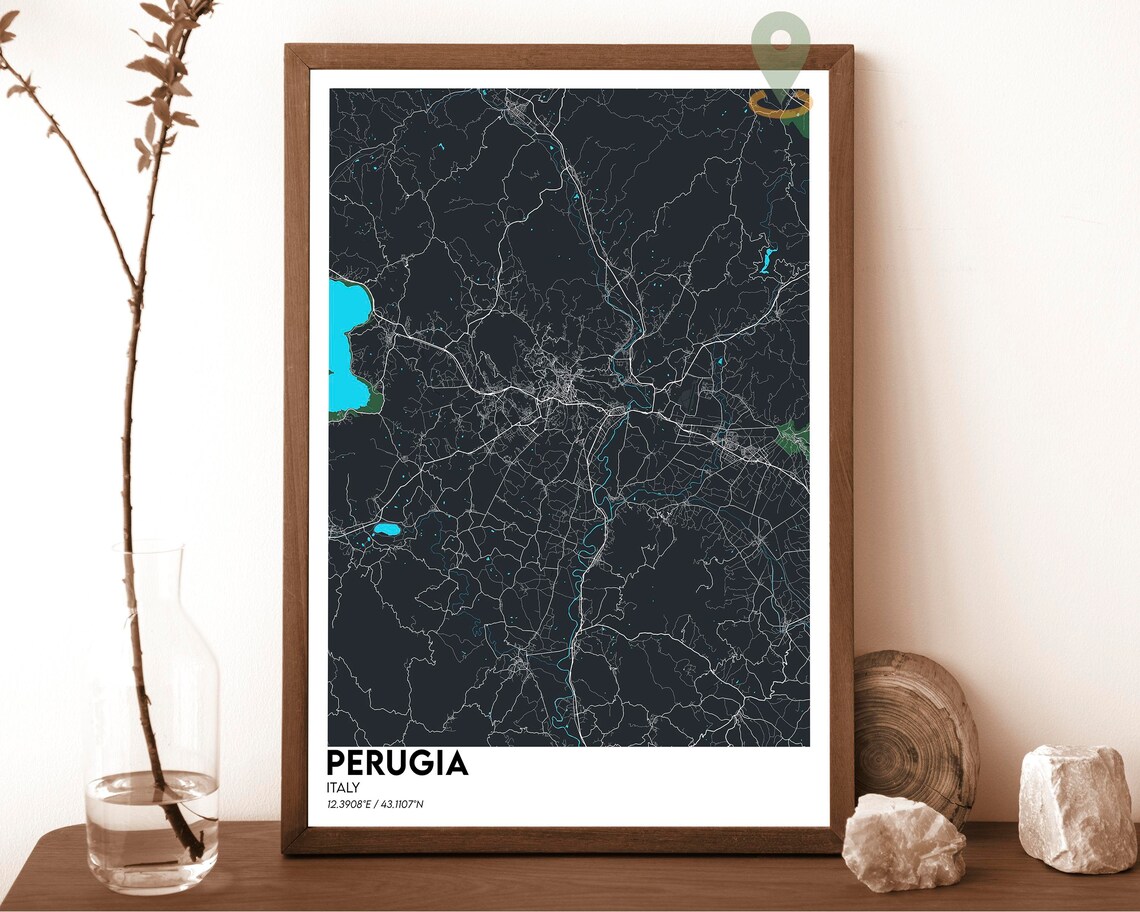 Perugia Italy Dark Charcoal Modern City Map Street Grid Poster