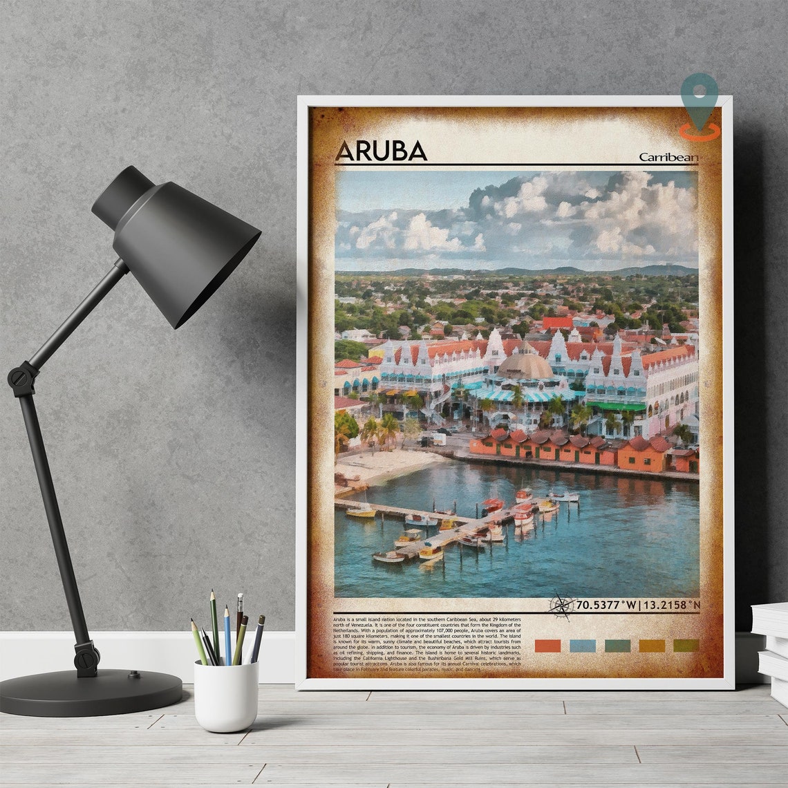 Aruba Caribbean Island Waterfront Harbor Town Travel Art Poster - Image 4