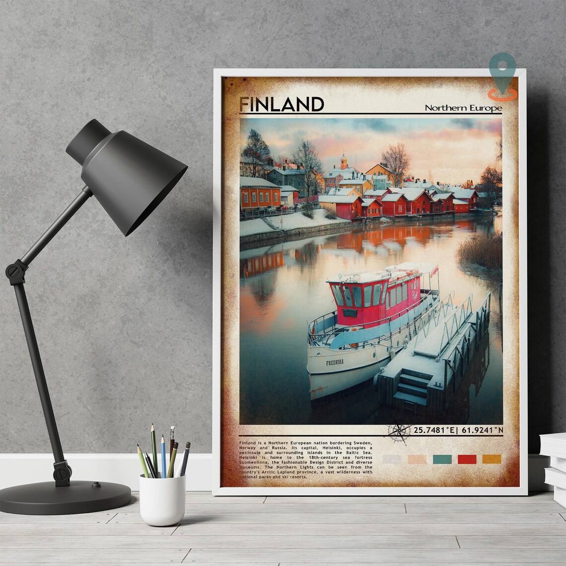 Finland Northern Europe Snowy Harbor Winter Twilight Scene Poster - Image 3