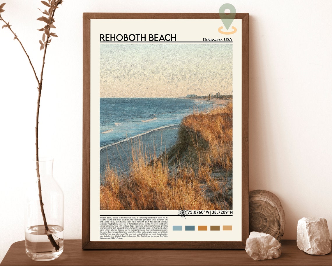 Rehoboth Beach Delaware Dunes Golden Shore Ocean Coordinate Poster
