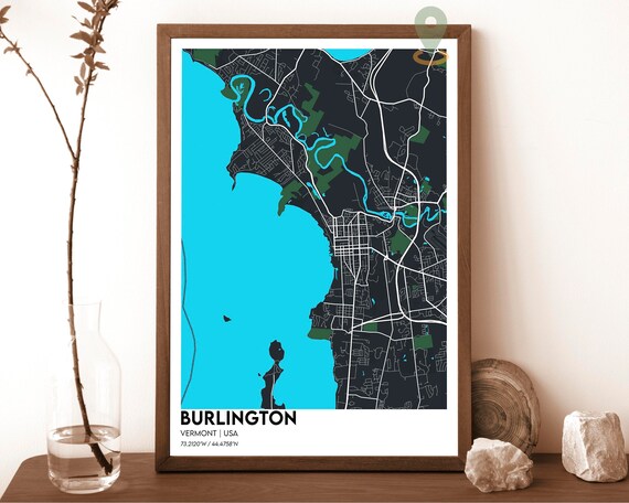 Burlington Vermont Navy Aqua Minimalist City Map Design Poster