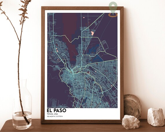 El Paso Texas Purple Night Modern Minimal City Street Map Poster
