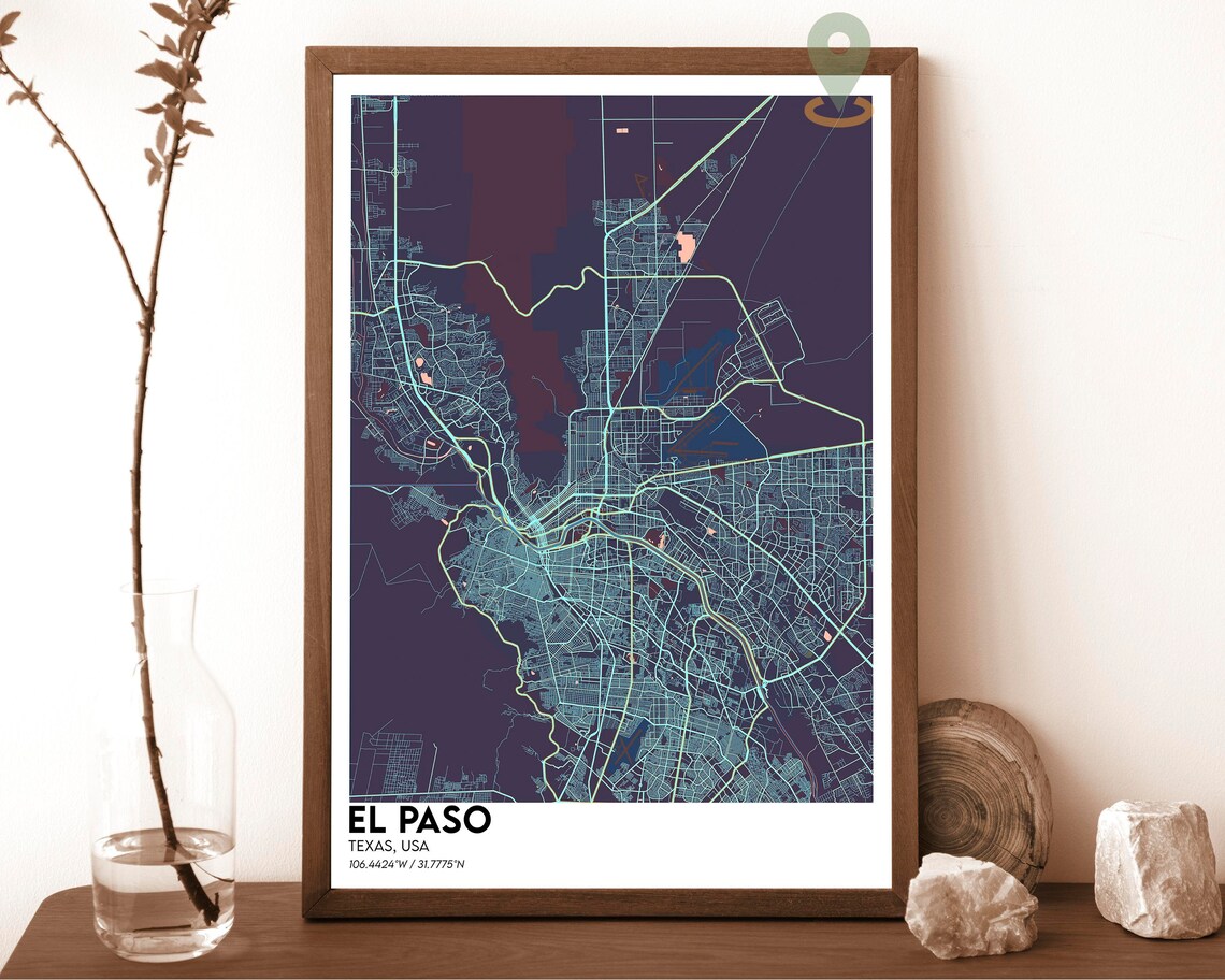 El Paso Texas Purple Night Modern Minimal City Street Map Poster