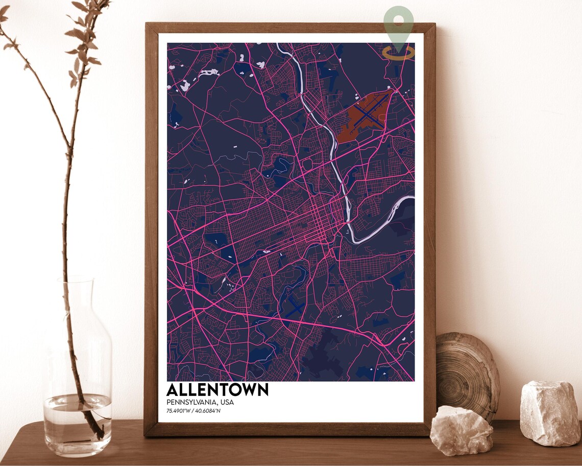 Allentown Pennsylvania blush pink with grey streets Street Map Coordinates Poster - Image 2