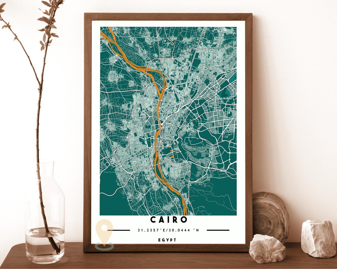 Cairo Egypt City Street Map Nile Gold Green Poster Wall Decor