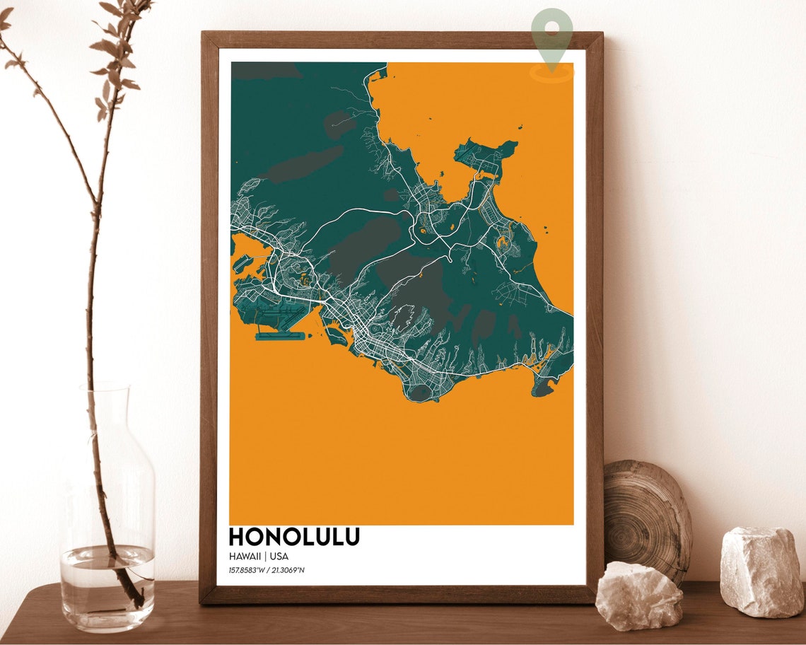 Honolulu Hawaii Oahu Island Dark Blue Ocean Map Beach Art Poster - Image 3