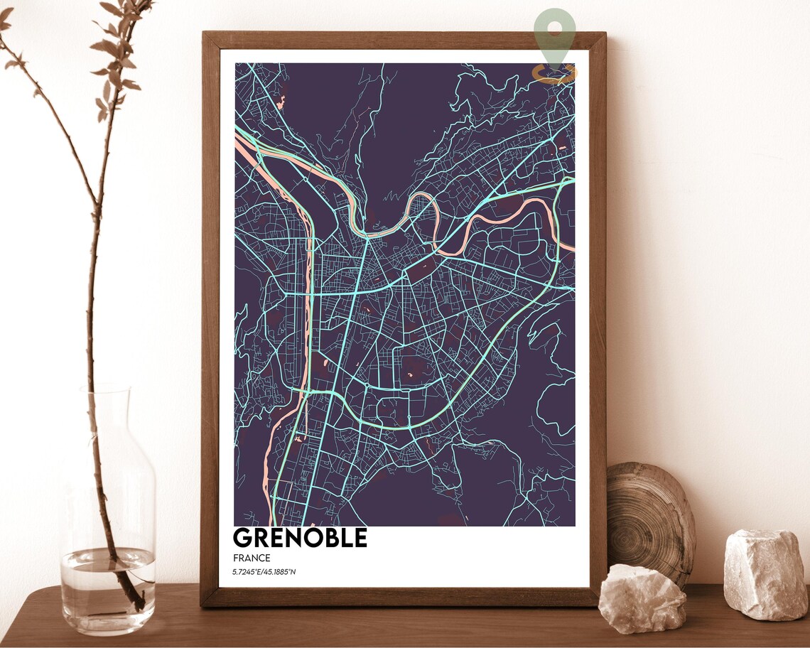 Grenoble France Burgundy Cream Street Grid Map Home Decor Poster - Image 3