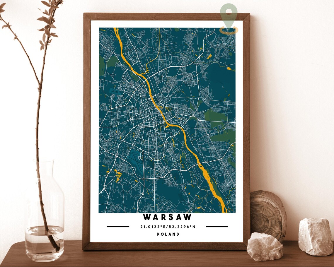 Warsaw Poland Navy Gold River City Street Map Minimalist Wall Art