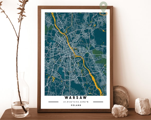 Warsaw Poland Navy Gold River City Street Map Minimalist Wall Art