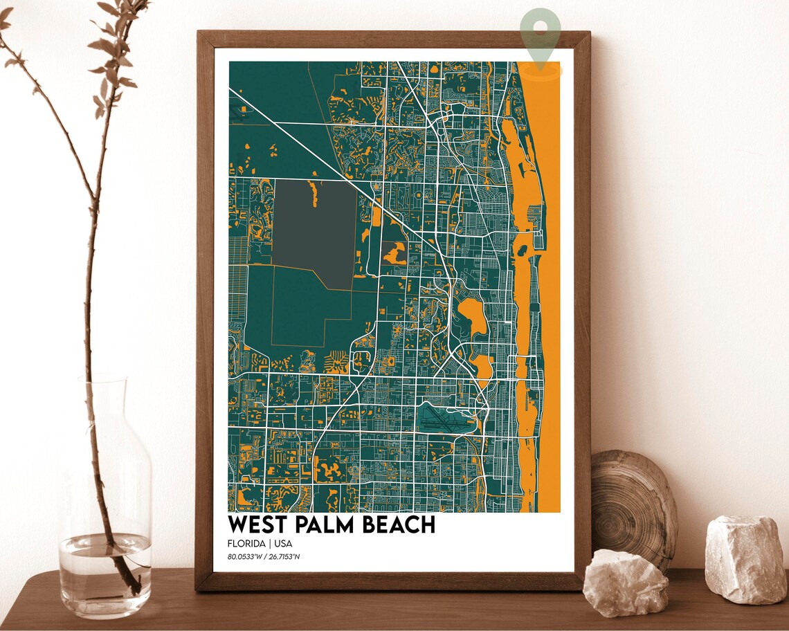 West Palm Beach Florida City Map Poster Navy Yellow Modern Art - Image 5