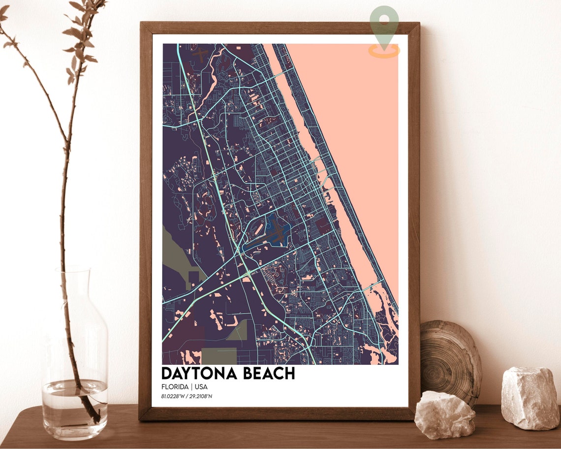 Daytona Beach Florida Navy Yellow Coastal City Map Art Poster - Image 3