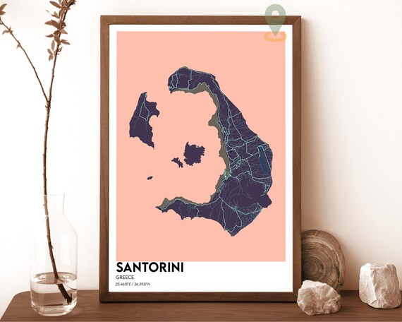 Santorini Greece Blush Pink Caldera Minimalist Island Map Poster