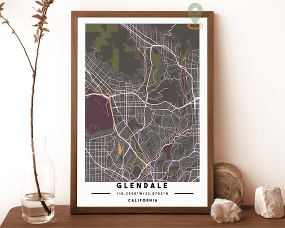 Glendale California Dark Street Map City Grid Modern Art Poster