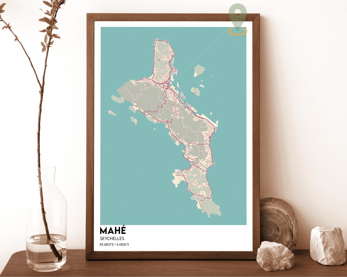 Mahé Seychelles Sunny Island Tropical Green Yellow Map Poster - Image 3