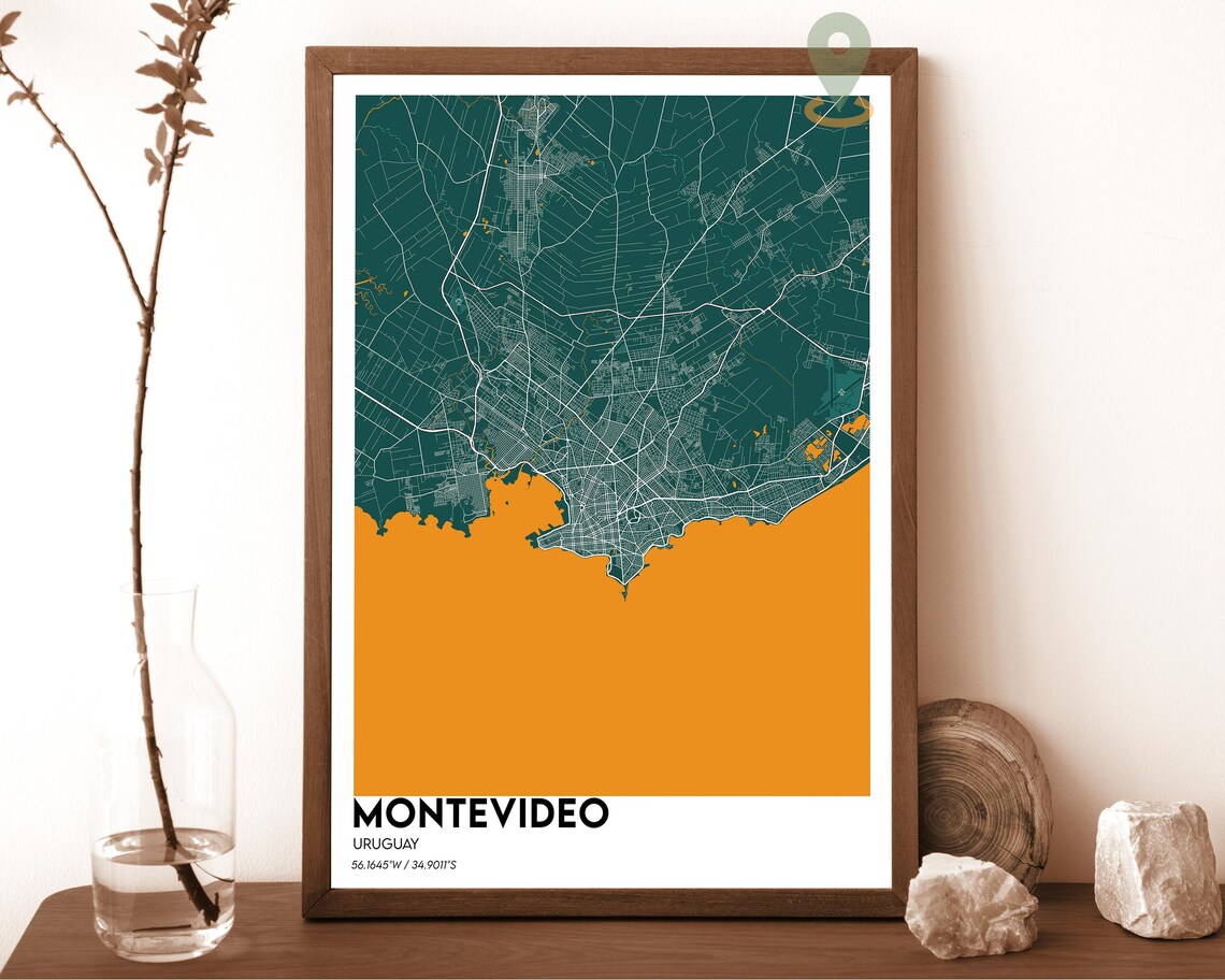 Montevideo Uruguay navy with a gold coastline Street Map Coordinates Poster - Image 5